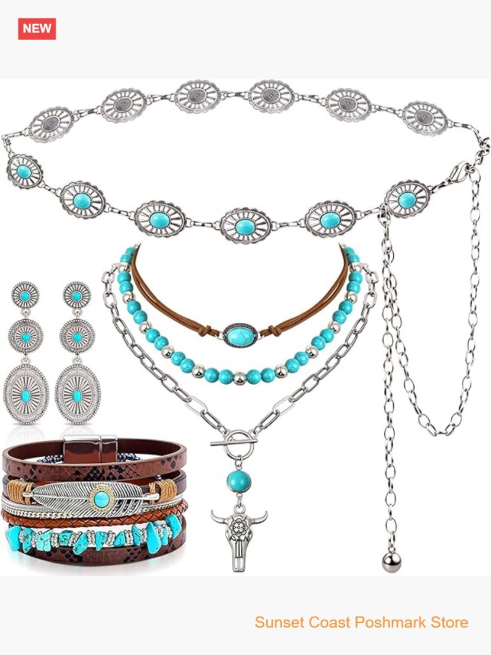 Western Turquoise Jewelry Set Necklace Earrings Bracelet Belt Boho Cowgirl